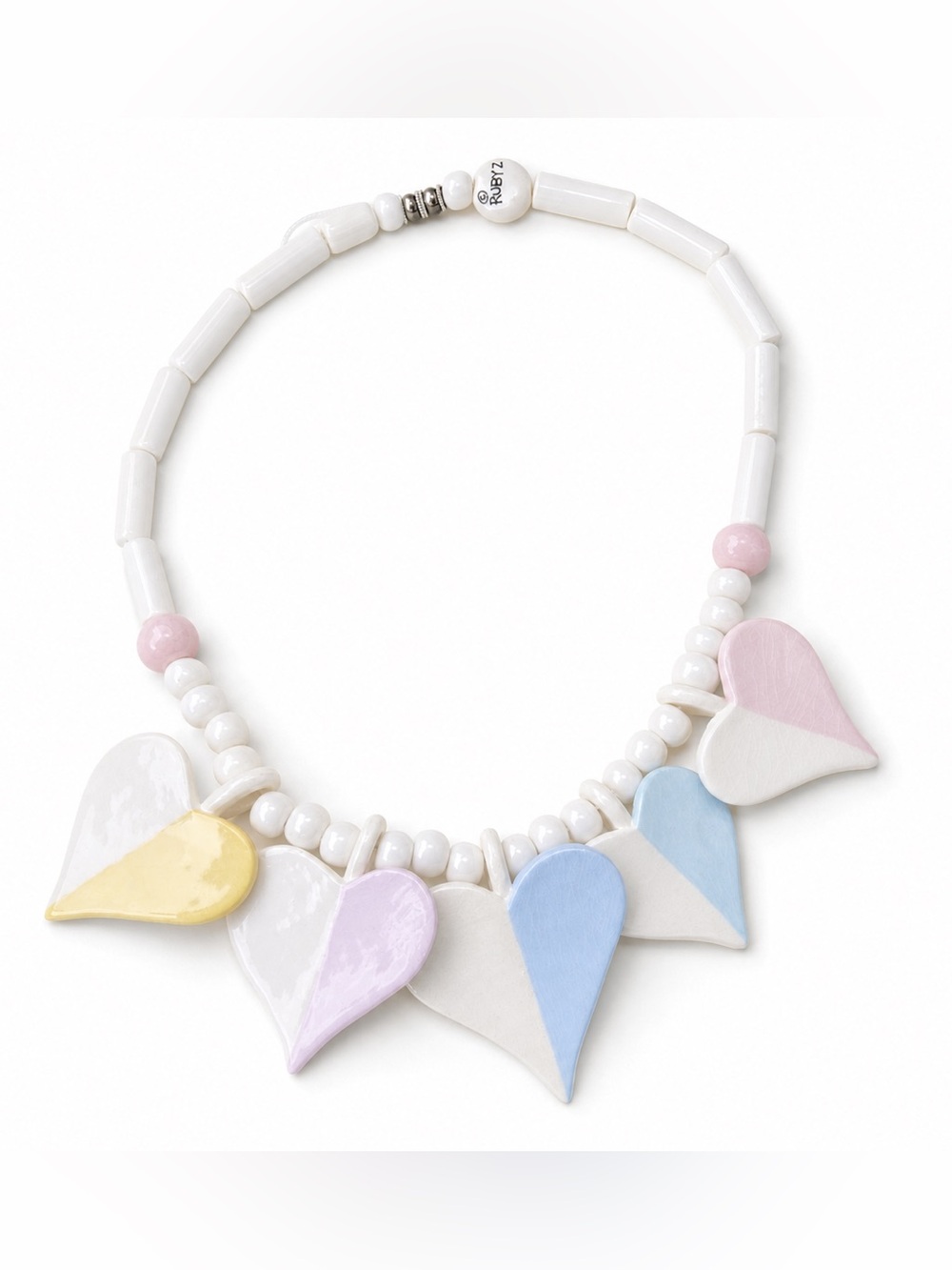 Vintage Ruby Z Pastel Heart Ceramic Beaded Necklace